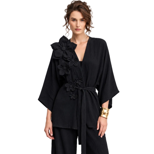 Çiçek Aplikeli Kısa Müslin Kimono