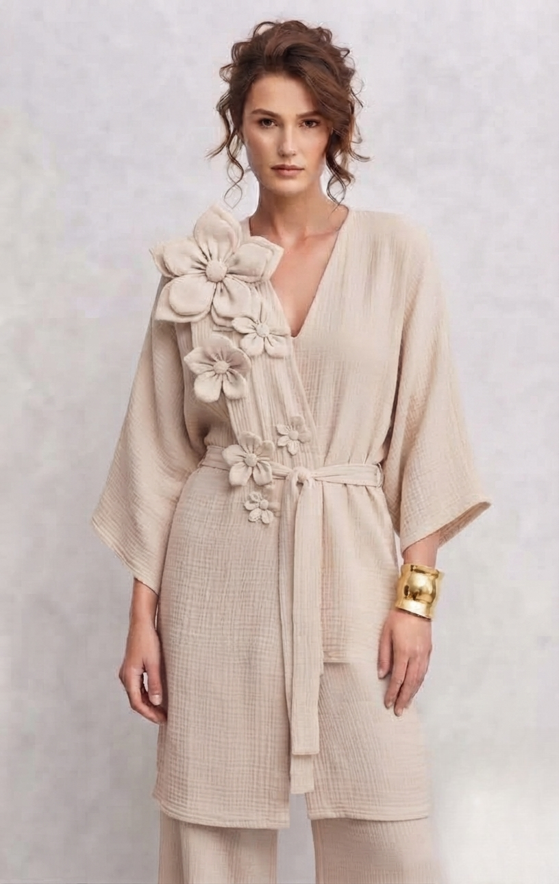 Çiçek Aplike Uzun Müslin Kimono