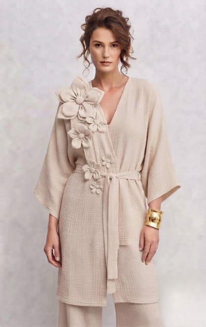 Çiçek Aplike Uzun Müslin Kimono