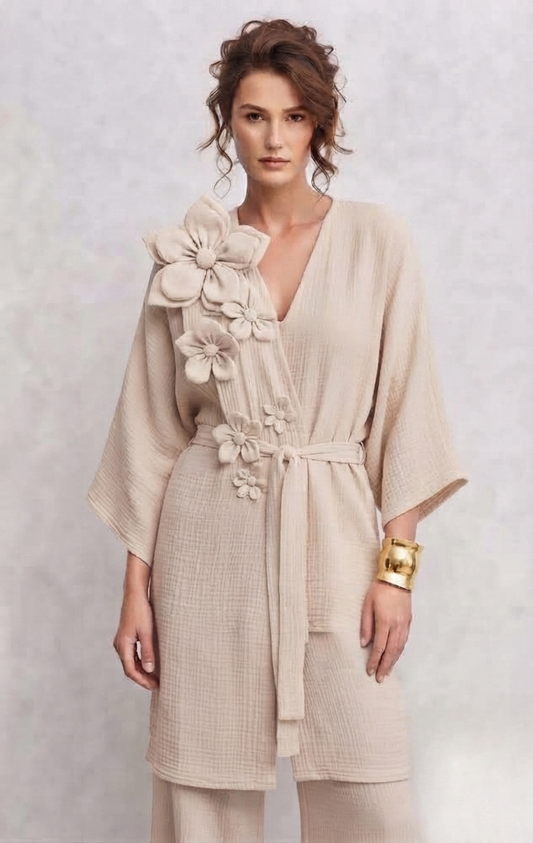 Çiçek Aplike Uzun Müslin Kimono