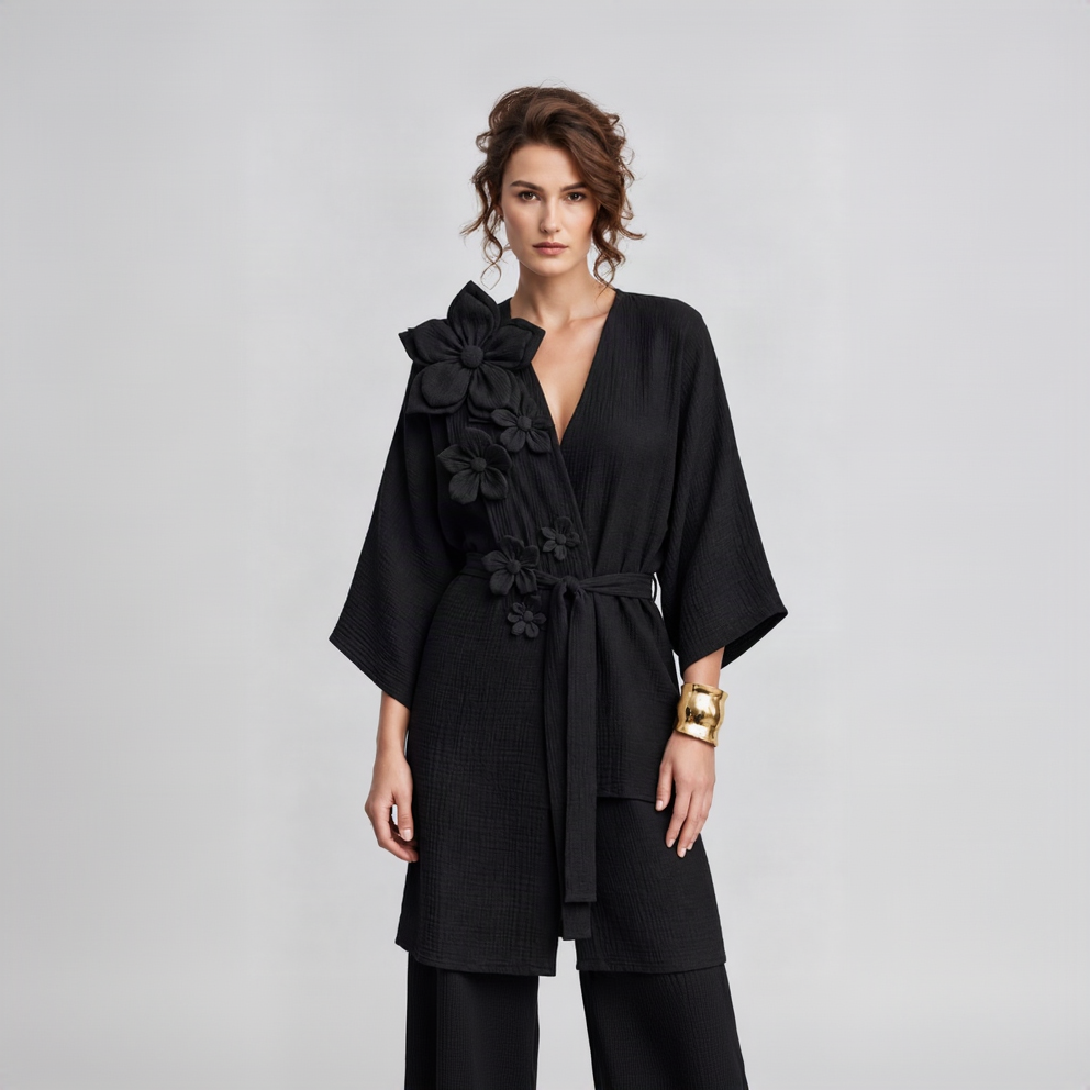 Çiçek Aplike Uzun Müslin Kimono