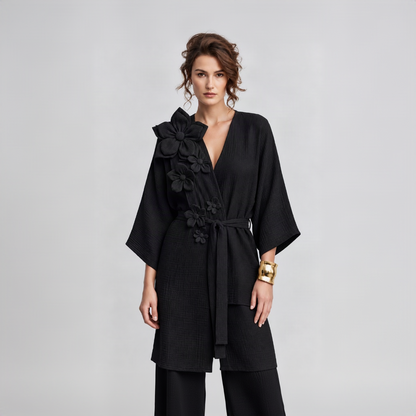 Çiçek Aplike Uzun Müslin Kimono