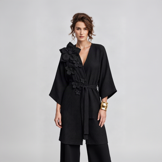 Çiçek Aplike Uzun Müslin Kimono